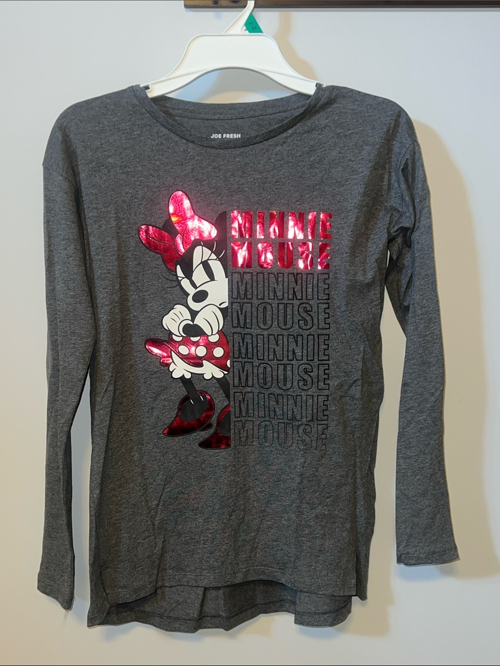 Joe Fresh Grey Long Sleeve Minnie Mouse Tee with Shiny Pink Details